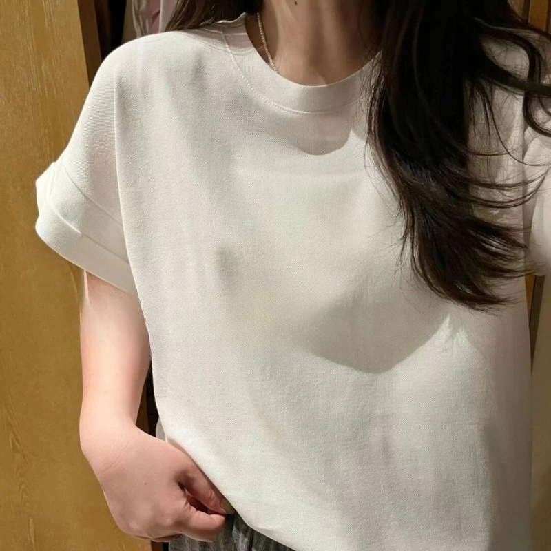 

Front Shoulder Small Flying Sleeves Solid Color Short-sleeved T-shirt Women's Summer New Loose Meat-covering and Thin Top