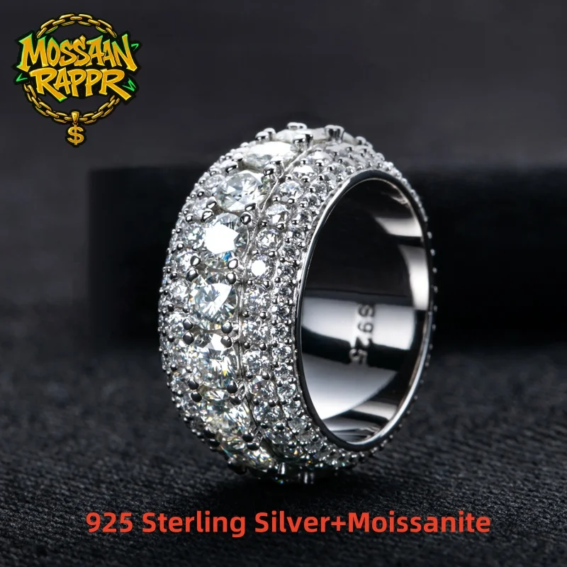 

MossanRappr 8.46cttw Moissanite Iced out Diamond Ring 925 Sterling Silver High Quality and Fashion Jewelry for Men's Party Wear