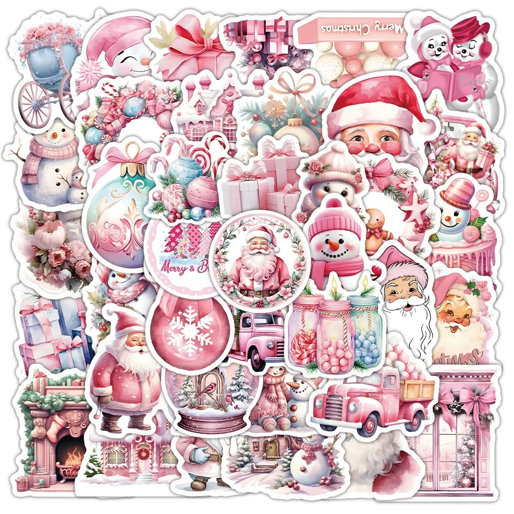 10/50Pcs Pink Christmas Graffiti Stickers Santa Claus Reindeer Gifts Christmas Themed Cartoon Holiday Waterproof Decoration Gift