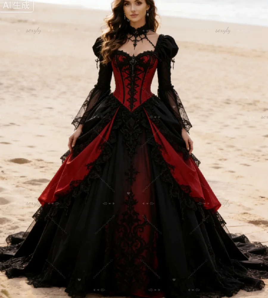 Dunkles Romantisches Viktorianisches Gotisches Hochzeitskleid 2026 Langärmliges Schwarz-Rotes Mittelalterliches Brautkleid mit Stufenrüschen und Spitze im Vampir-Stil