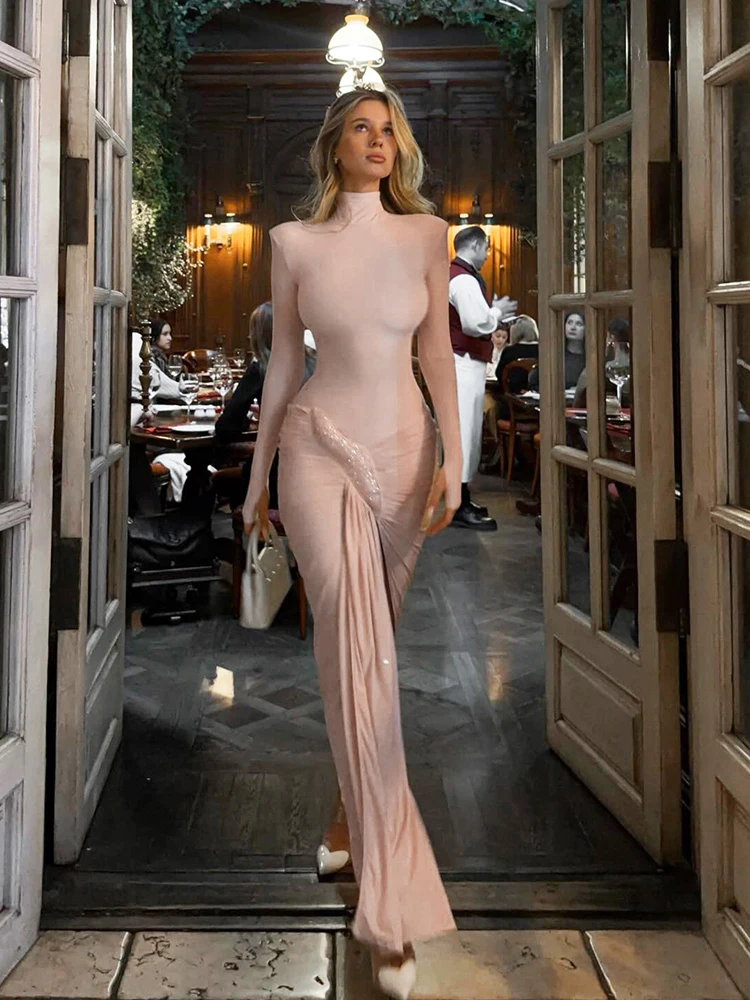 

Sisterlinda Split Gown Dress Women Sexy High Collar Irregular Sequins Ruched Peach Hip Elegant Stretch Skinny Prom Party Bodycon