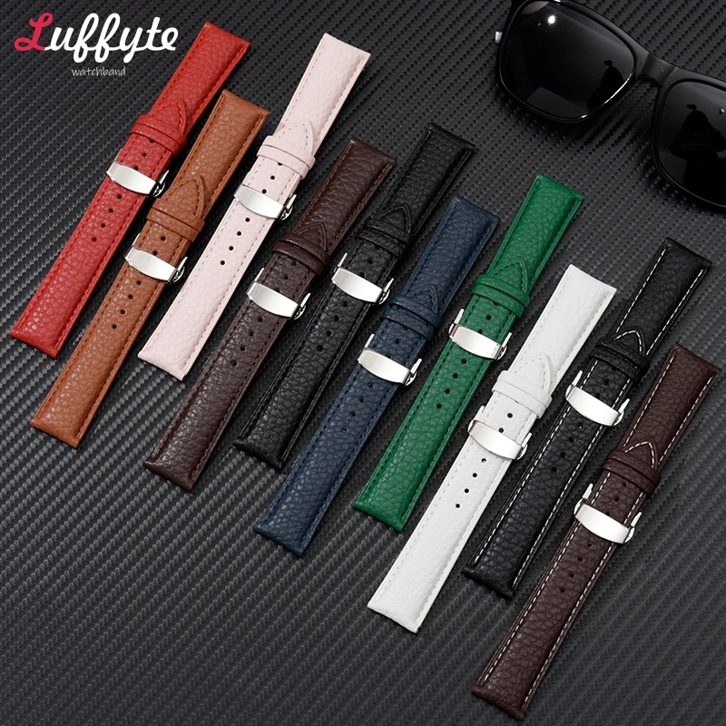 Litchi Grain Genuine Leather Watchband 18mm 20mm 22mm with Stainless Steel Butterfly Buckle Men Women Casual Watch Straps