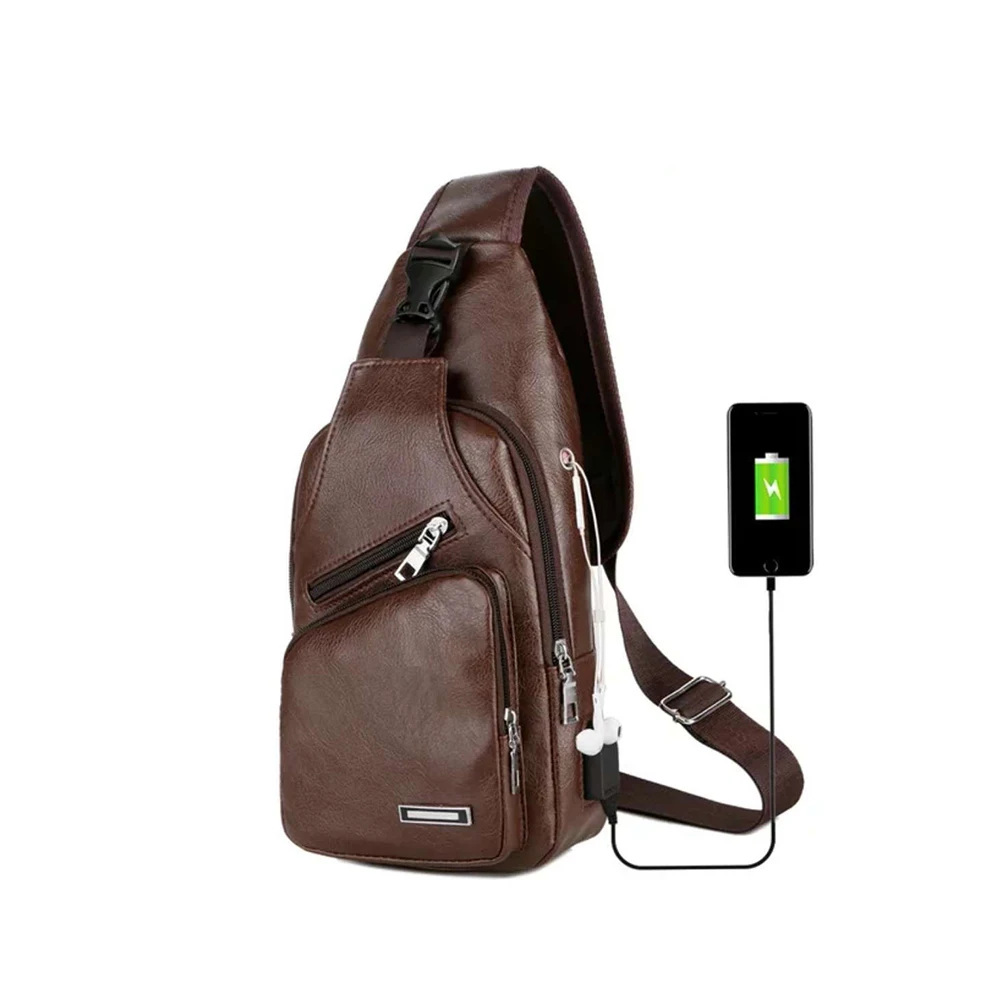 Einfache und modische, einfarbige PU-Multifunktions-Umhängetasche mit USB-Ladefunktion für Herren, ideal für den Arbeitsweg. – Detail 1