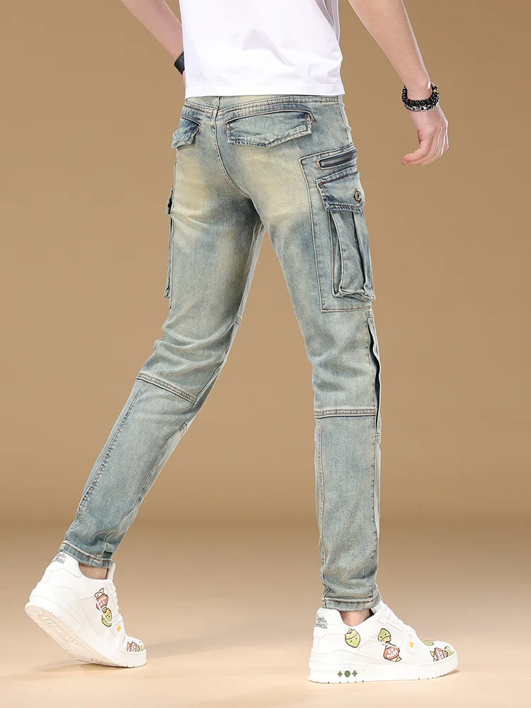 

Мужские джинсы весна/лето в стиле ретро с несколькими карманами 202, облегающие, маленькие ноги, модные мотоциклетные брюки высокого класса