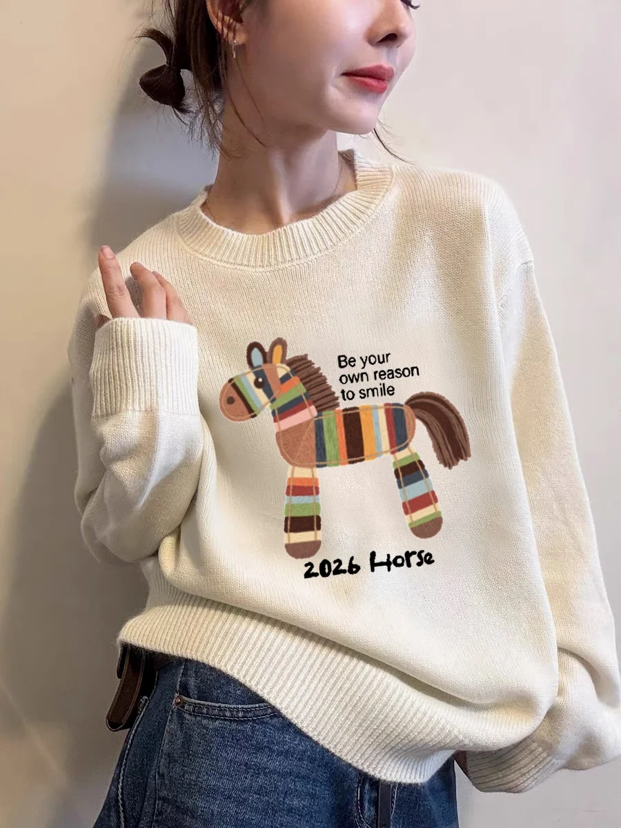 빨간색 니트 스웨터 여성용 초봄 신상 무지개 프린트 루즈핏 라운드넥 따뜻한 상의 새해 축하 패션...