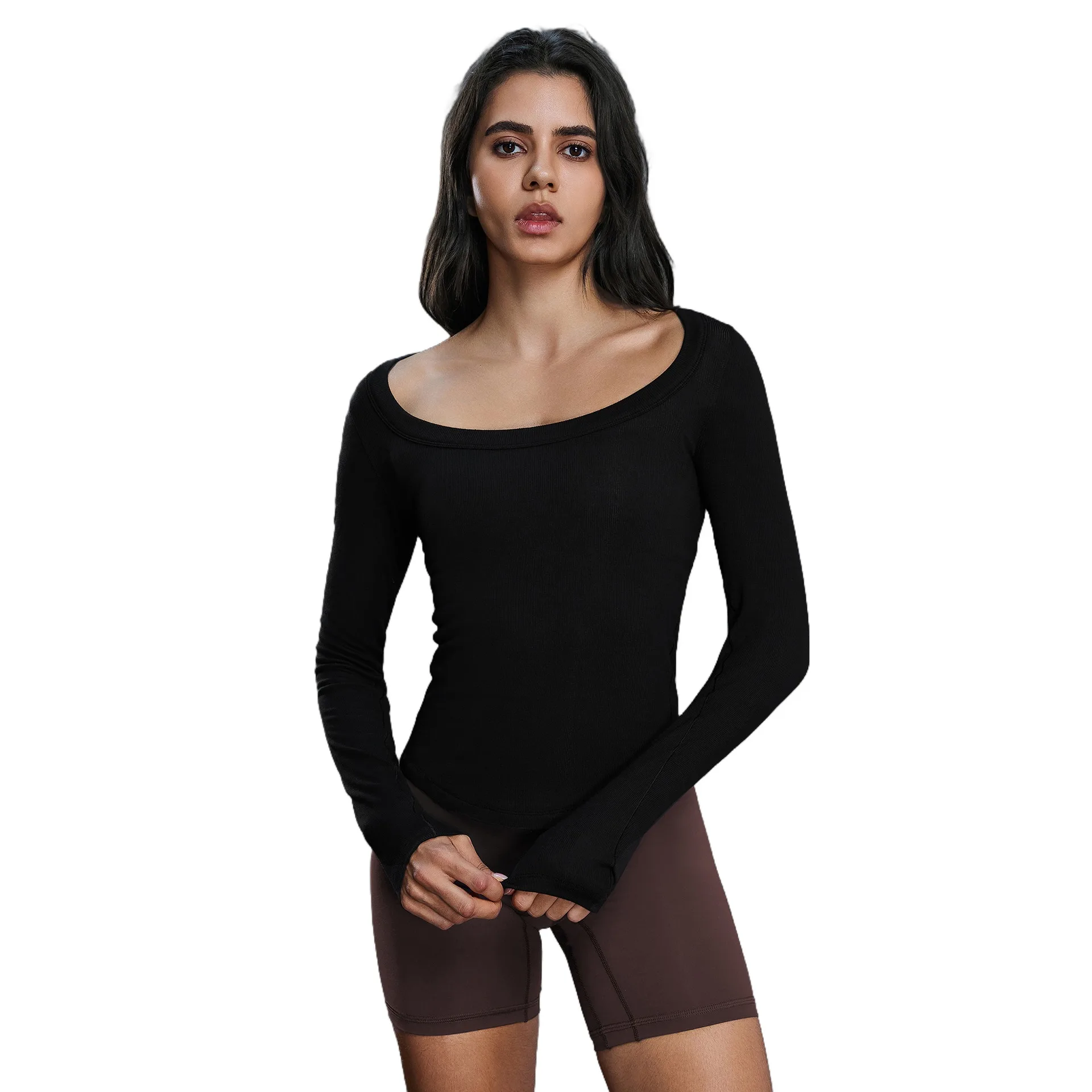 Lemon Women's Long-sleeve Yoga Top with Off-shoulder Design Waist-cinching Slimming and Versatile Long-sleeve T-shirt