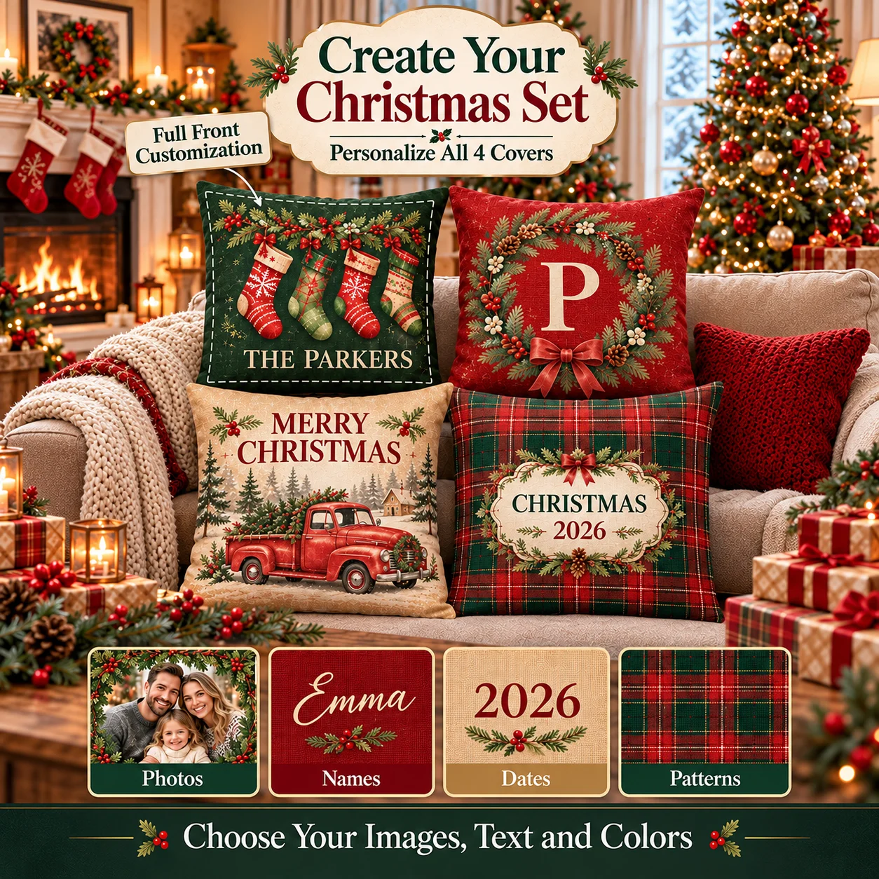 Personalized Linen-Style Pillowcase Set (4-piece) Customized Photo Name Pillow Holder in Various Sizes - Suitable for Sofa Home