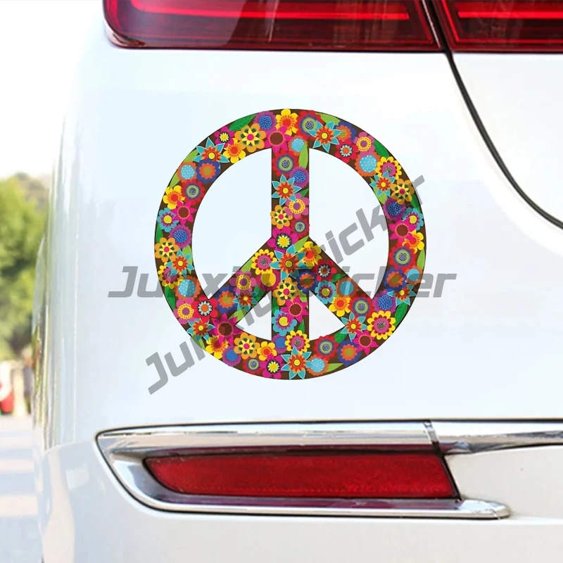 Peace Sign Car Sticker, Multicolor Flowers Hippie Decal By Megan J Designs, Laptop Window Car Vinyl Sticker