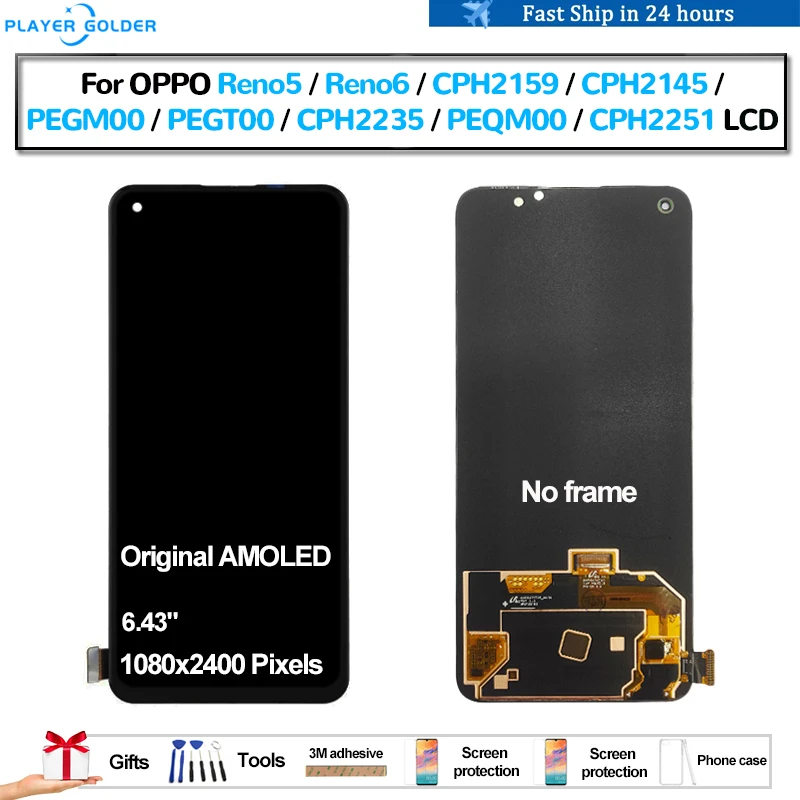 

Original AMOLED For OPPO Reno5 Reno 5 Reno6 Reno 6 Pantalla lcd Display Touch Panel Screen Digitizer Assembly Replacement Parts