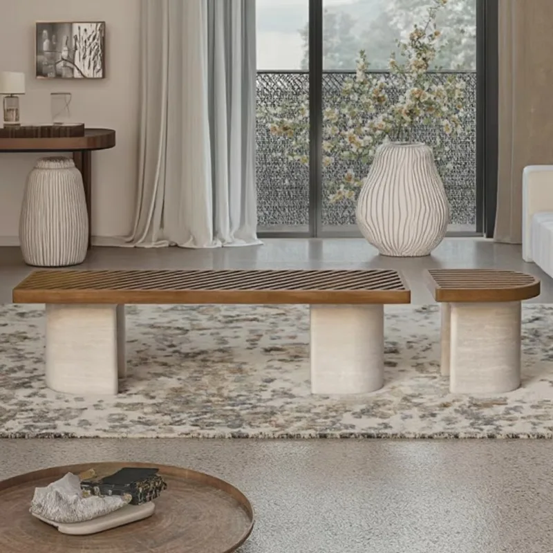 

Modern design home furniture Natural stone nesting table Solid wood side table Stretchable travertine coffee table