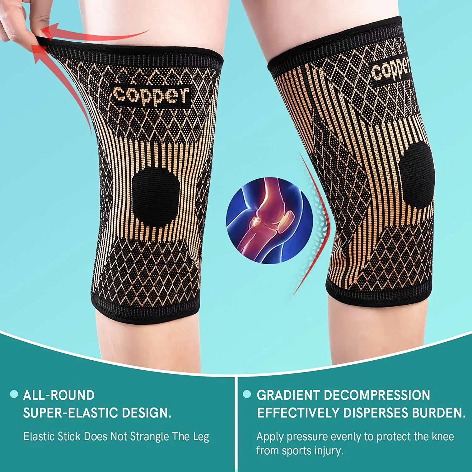 Copper Ions Fiber Knee Brace Knee Sleeve Compression Support for Women & Men Sports Workout Meniscus Tear ACL Joint Pain Relief