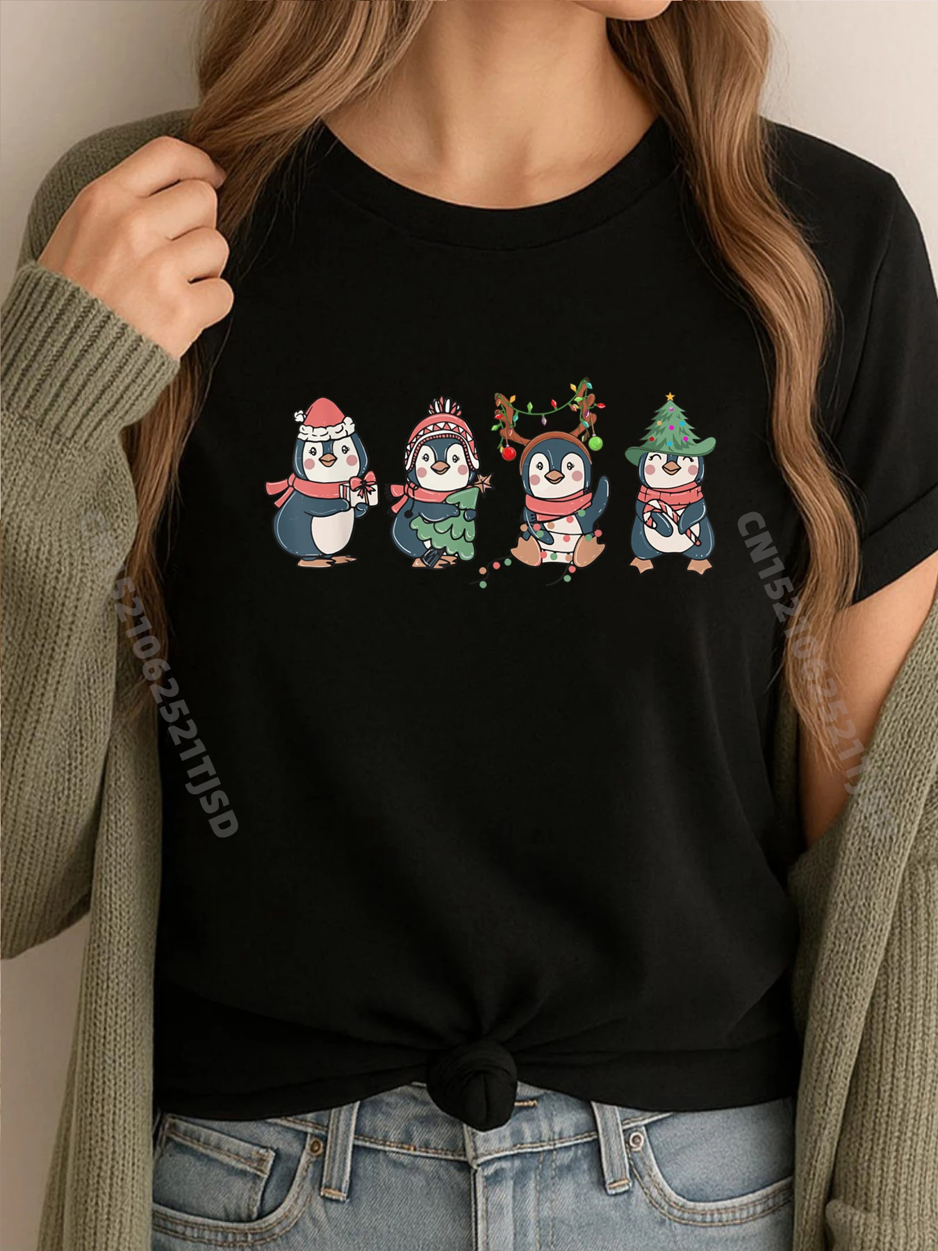 

Рождественские пижамы с изображением пингвина и Санта-Клауса, милые рождественские футболки с рисунком пингвина, женские хлопковые топы, стираная футболка для женщин, крутая