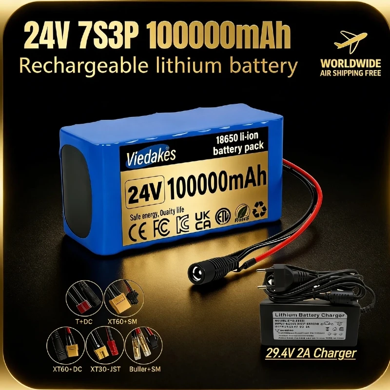

High Capacity 24V 100Ah 7S3P 18650 Battery Rechargeable For Wheelchair Scooter Home Backup Power Built-In BMS With Charger