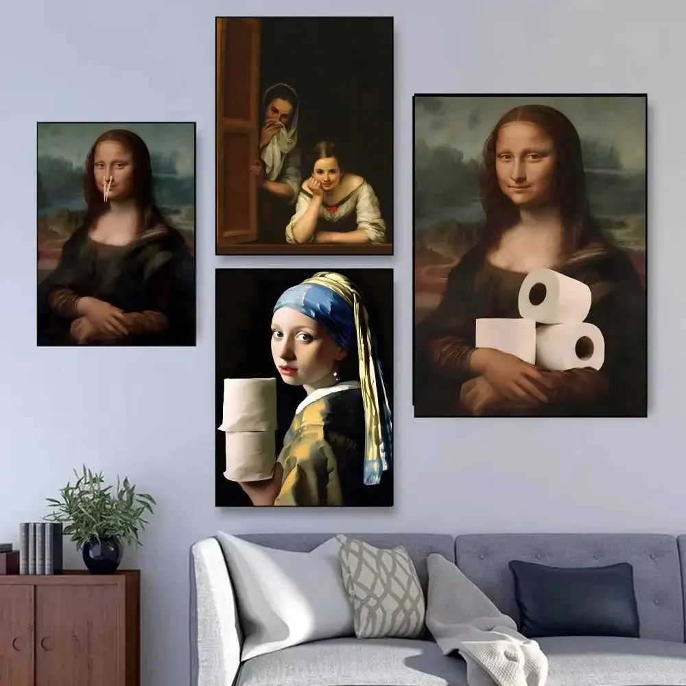 1pc drôle salle de bain toilette Mona Lisa portant des perles fille affiche auto-adhésif Art papier imperméable autocollant chambre décoration murale