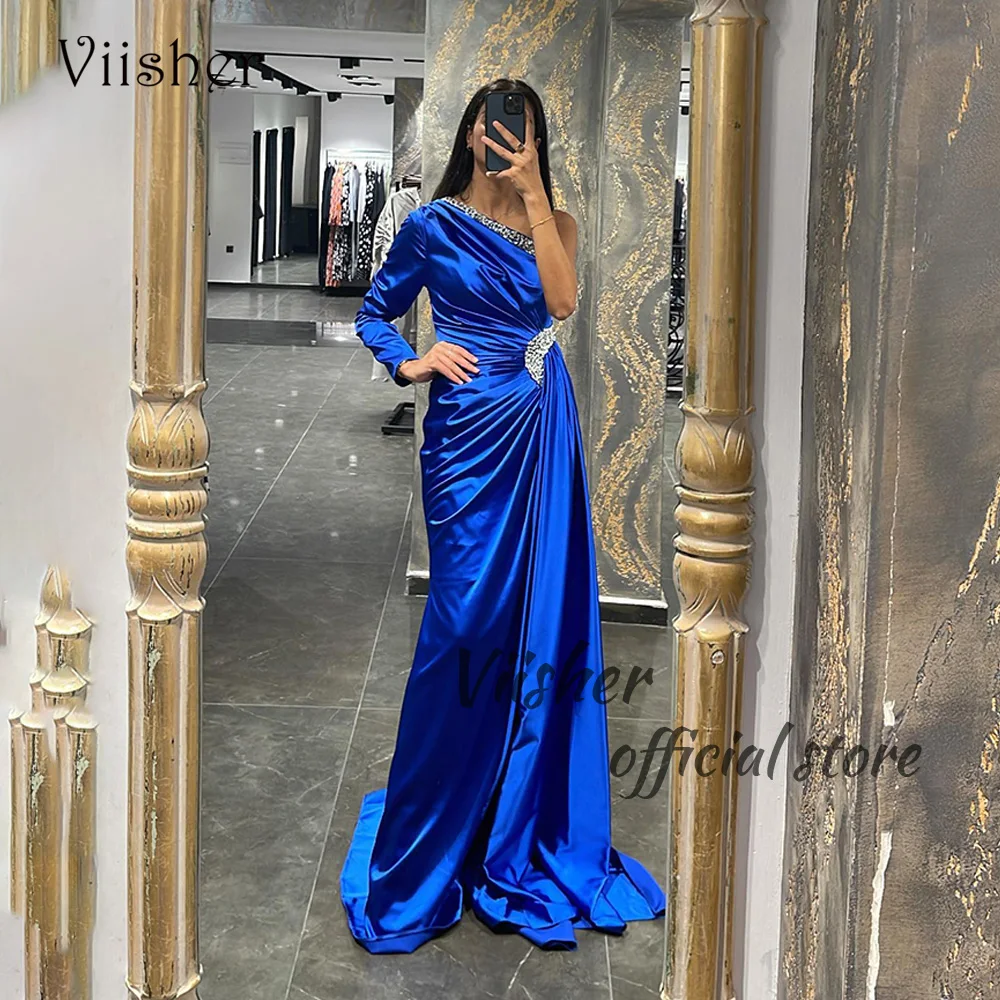 

Viisher Blue Pleats Satin Mermaid Evening Dresses One Shoulder with Beads Luxury Dubai Arabia Prom Party Dress Celebrate Gowns