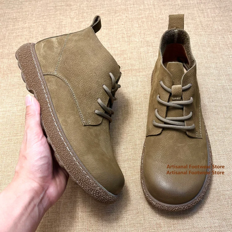 

High-Top Lace-Up Ankle Boots Thick Soled Retro Khaki/yellow Brown Leather Shoes Cowhide Shoes Soft Leather Soft Sole Men's Shoes