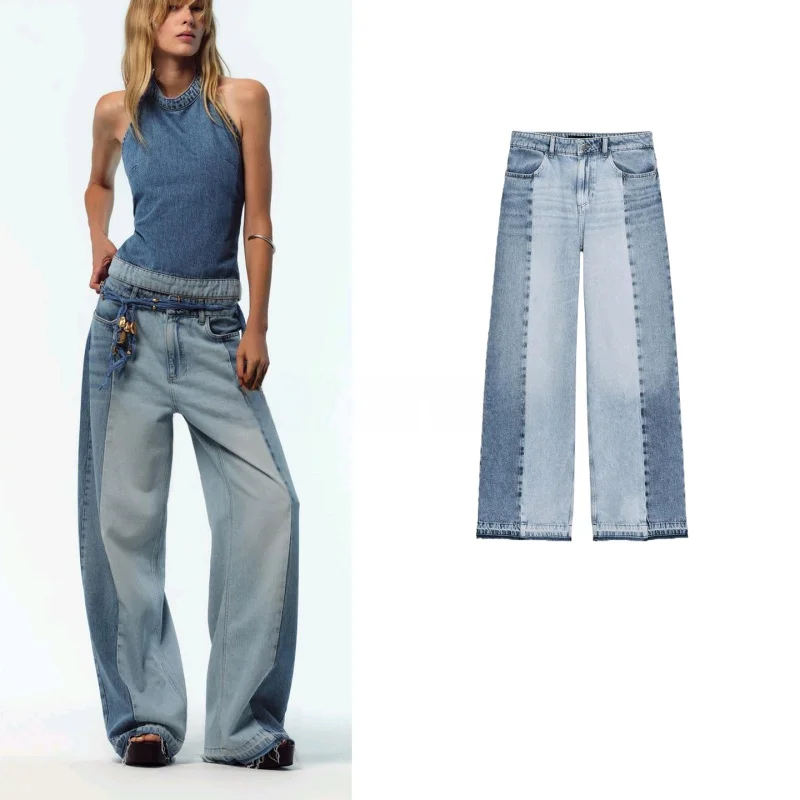 

High Waist Wide Leg Patchwork Washed Effect Commuter American Style Women's Jeans Casual Loose Fit Zipper Closure Autumn New ...