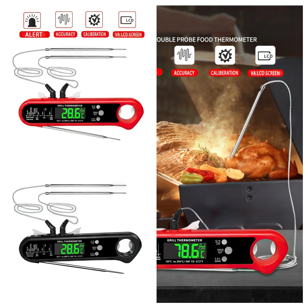 Foldable Food Thermometer Single/Double 304 Stainless Steel Probe LCD Display  ℃ °F Over-temperature Alert Kitchen Bake Fry Tool