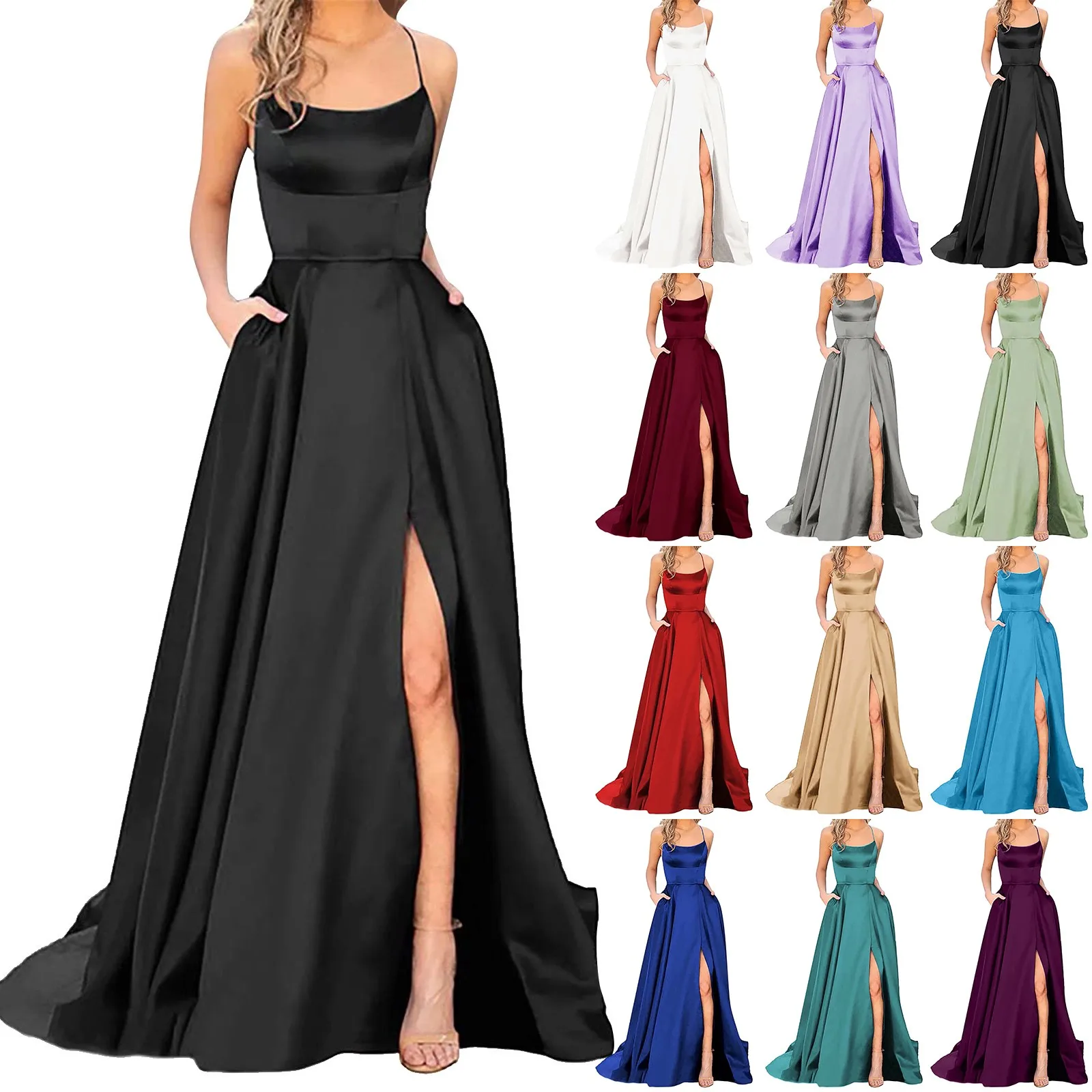 

Sexy Nipped Waist Split Prom Dress Elegant Women Party Night Formal Long Evening Spaghetti Straps Dress Elegant Wedding Vestidos