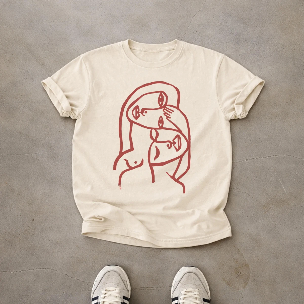 Abstract Line Face T-shirt | Minimalist Red Line Drawing Women's Casual Daily Versatile Short Sleeve