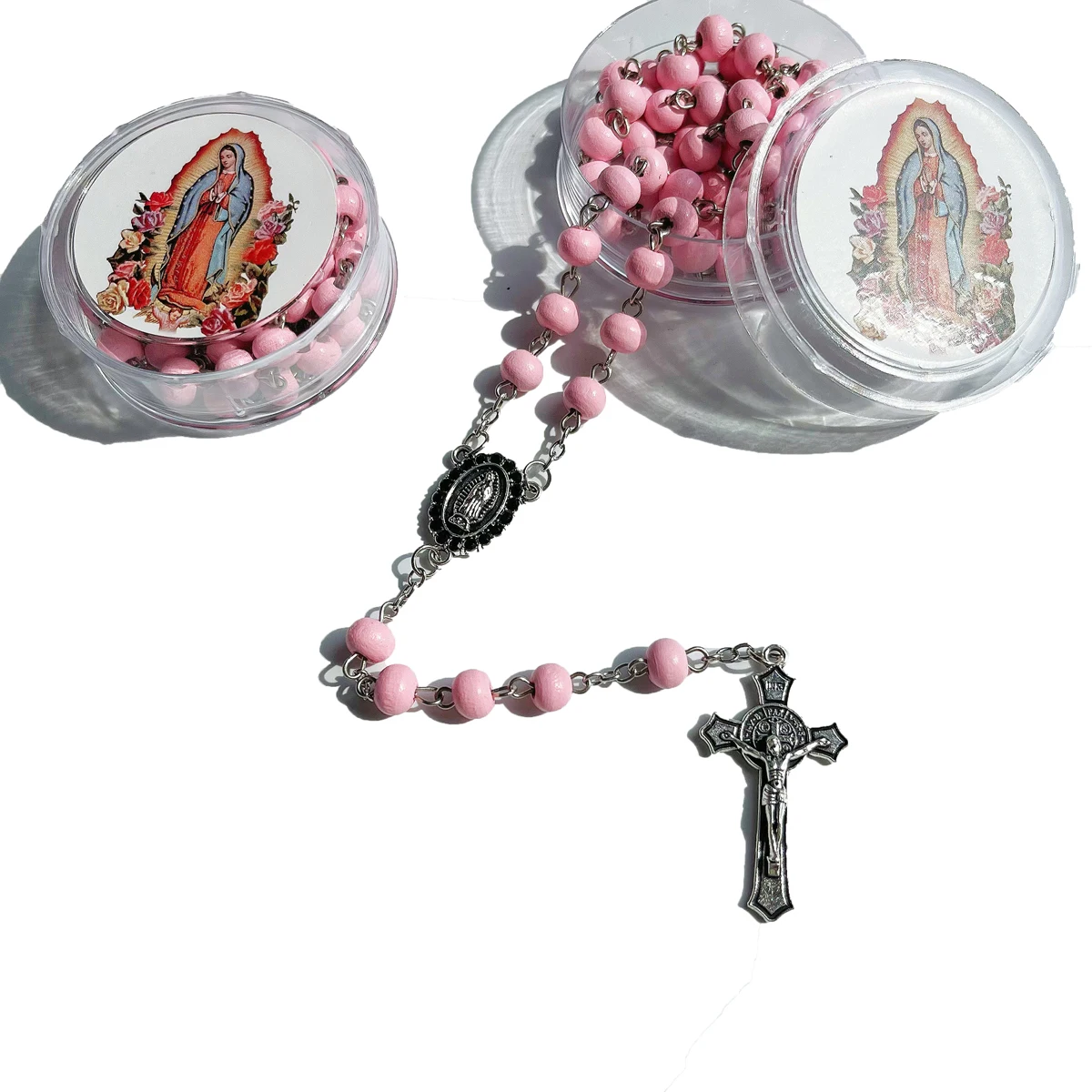 المباركة مريم العذراء الوردي بتلات الورد المعطرة مسبحة خشبية سانت كريستال حجر الراين موصل اليدوية الخرز الخشبي الكاثو