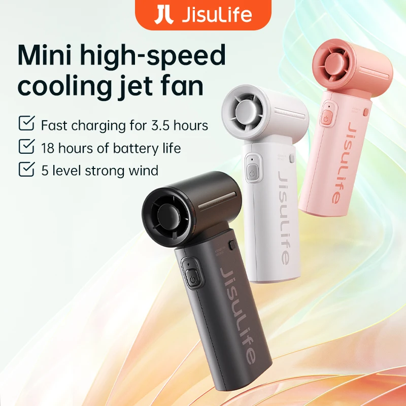 JISULIFE Przenośny wentylator turbo, super mocny wiatr, 5 prędkości, długa żywotność baterii, 5000mAh, ładowanie USB, wielofunkcyjny wentylator kieszonkowy