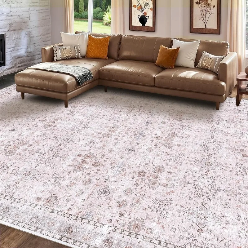 Vintage Persian Blue Distressed Floral Area Rug Mid Century Non-Slip Machine Washable Large Carpet for Living Room Bedroom Sofa