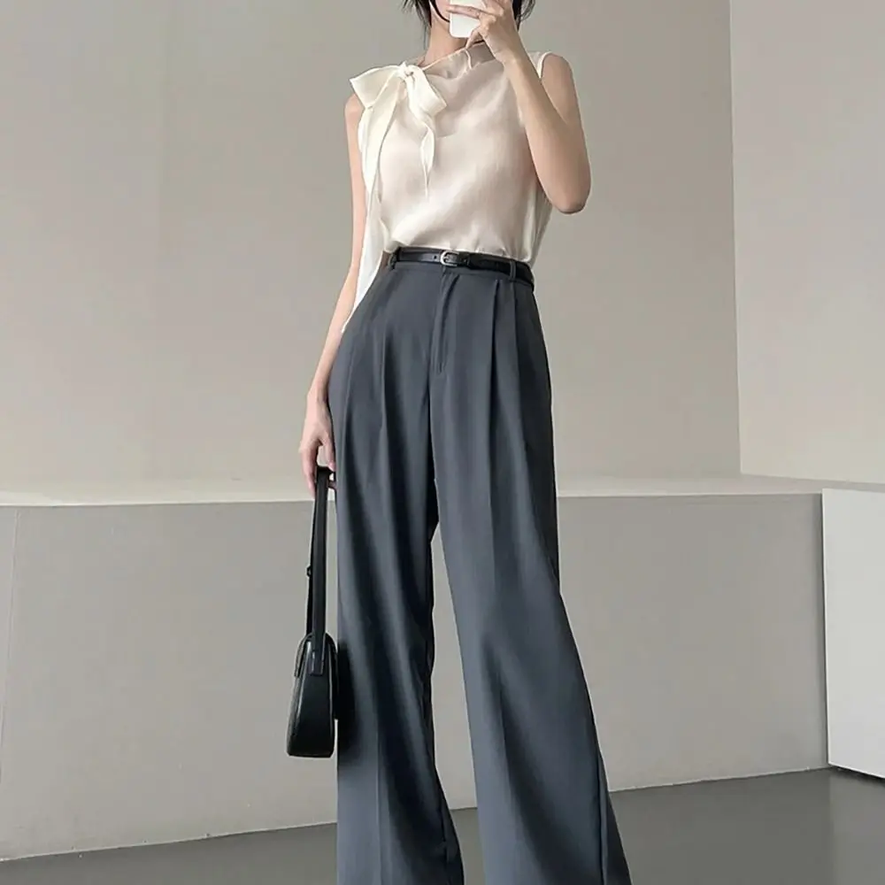 Polyester Mock Neck Blouse Slight High Collar Sleeveless Cut Thin Summer Top Breathable Self Tie Waistband Waist Tie Tank Top