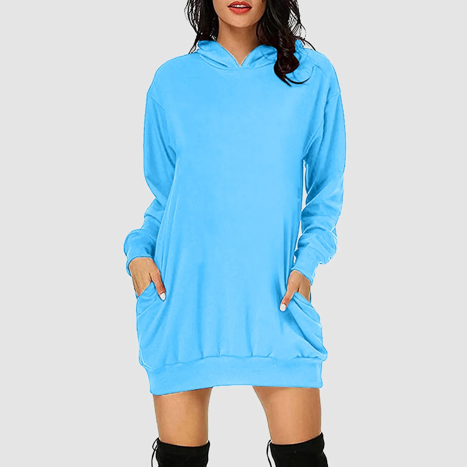 Solid Sleeve Long Comfort Casual Shirt Color Fashion Pullover Dress Long Hoodie Tee largos Pocket Vestidos Women's vestidos