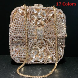 17 Colors New Gold Bow Crystal Clutches Square Rhinestone Evening Bag Party Prom Handbags Luxury Women Wedding Bridal Purses