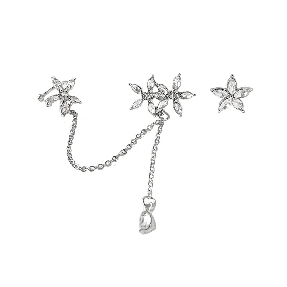 

New Female Asymmetry Temperament Crystal Rhinestone Ear Cuff Women Dangle Earrings Chain Clip Earrings Flower Ear Clips
