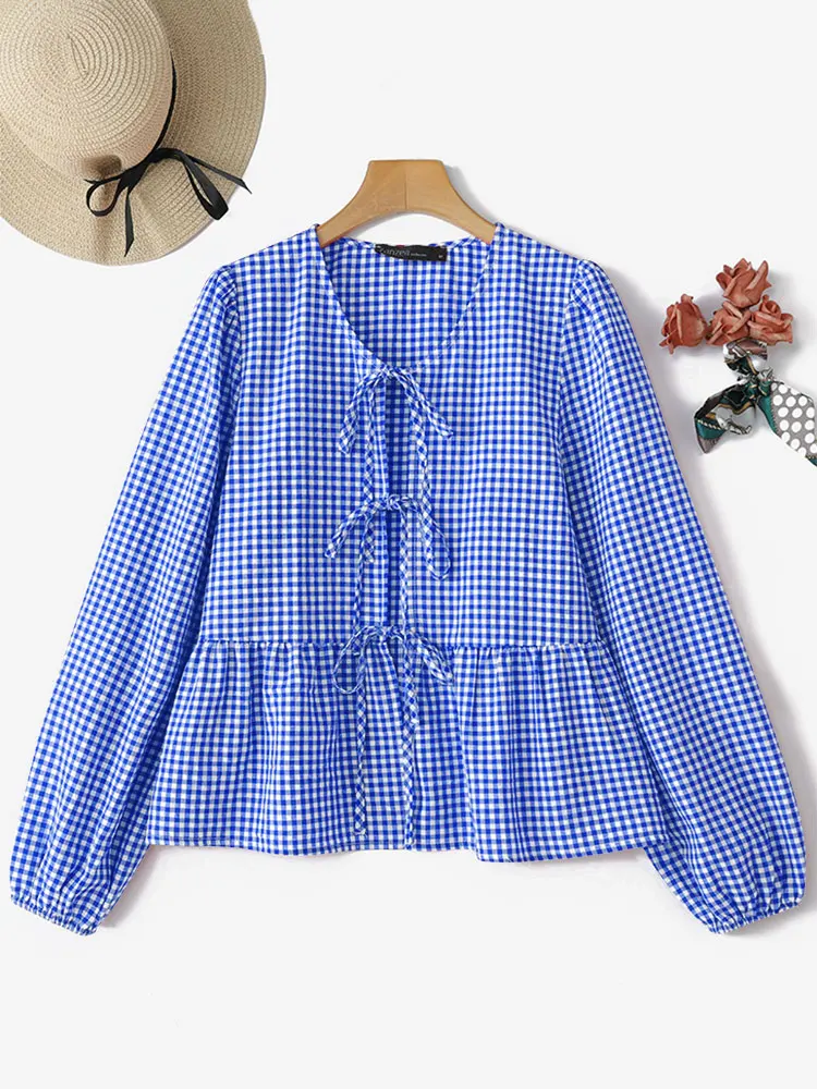 

ZANZEA 2025 Autumn Women Plaid Blouse Bow Bandage Loose Long Puff Sleeve Shirts Fashion O-Neck Casual Tops Tunic Blusas Clothing