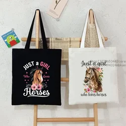 Women's Tote Bag Just A Girl Who Loves Horses Print Canvas Large Capacity Shopping Bags Horse and Flower Commuter Shoulder Bag