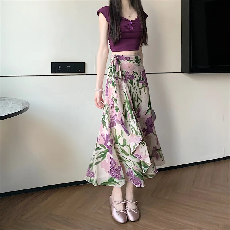 High Waist Floral Print Half Skirt  Ultra Fairy Ibis Flower Beach Dress Slimming Midi Length Polyester Fiber Skirt