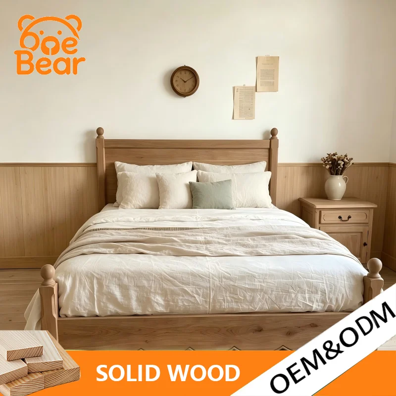 Modern Minimalist Wooden Double Bed Post Scalloped Headboard Nordic Style Bed Frame for Small Apartment Living Bedroom Furniture