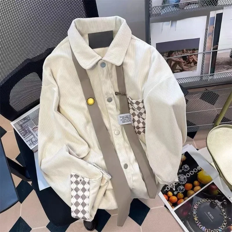 

EBAIHUI Corduroy Long Sleeve Shirt Women Korean Contrast Color Checked Pocket Clothes Vintage Design Ribbon Casual Loose Blouse