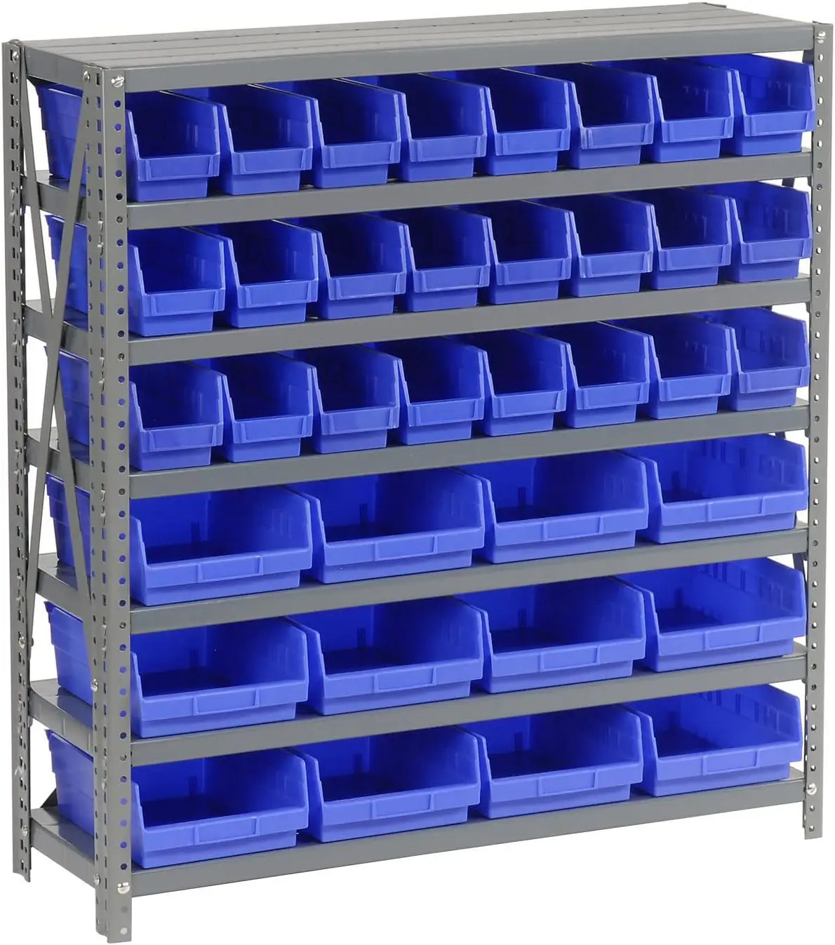 

7 Shelf Steel Shelving With (36) 4"" H Plastic Shelf Bins, Blue, 36X12X39