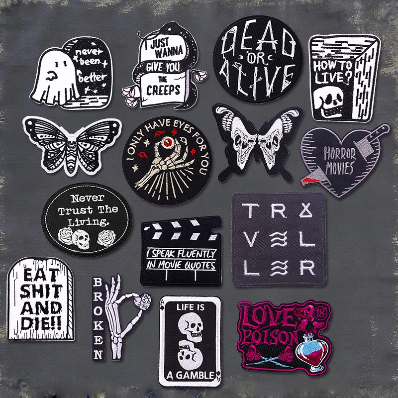 Butterfly Skull/Ghost Patch Rock Punk Embroidered Patch Iron On Patches For Clothing Thermoadhesive Patches Letter Slogan DIY