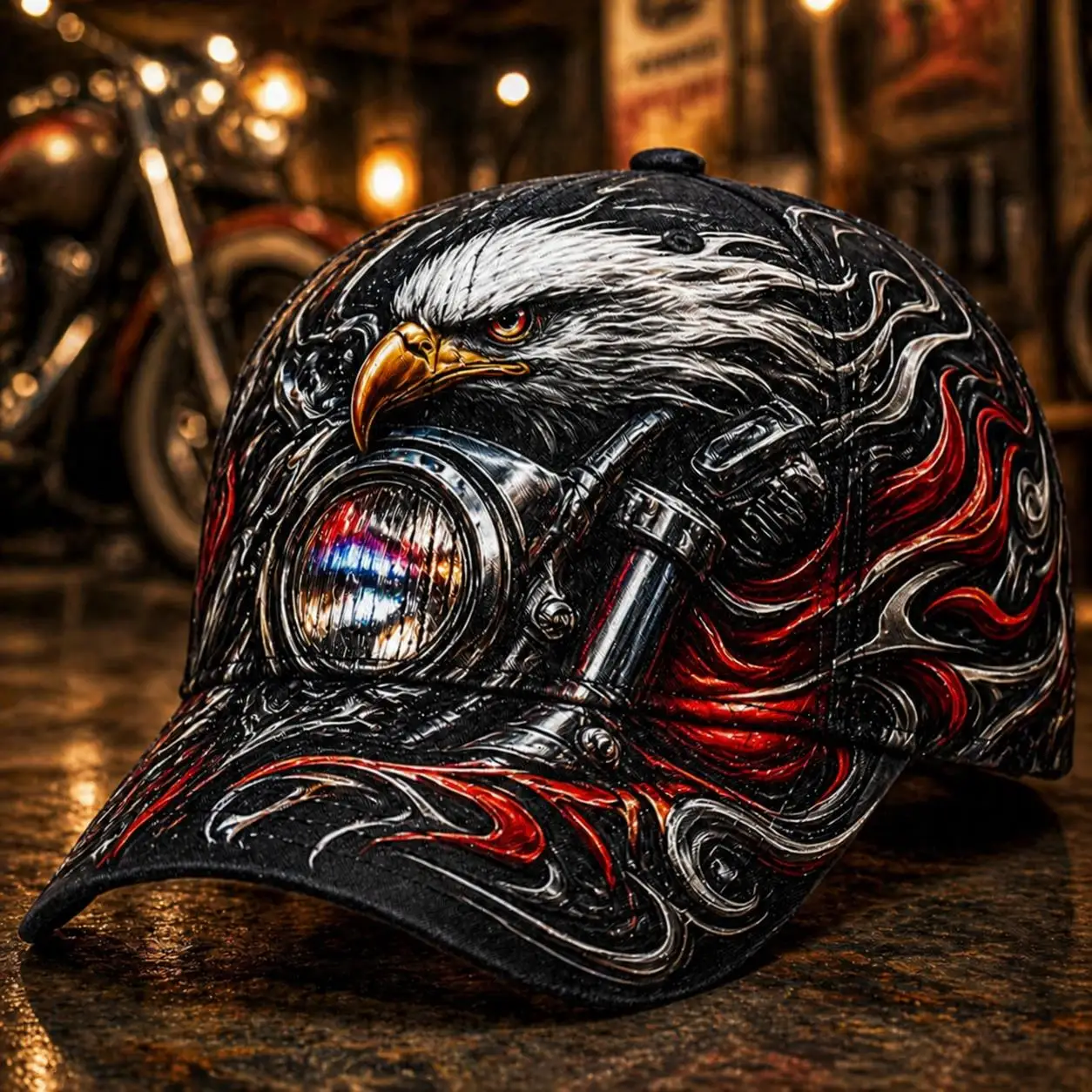Custom Motorcycle Biker Baseball Cap With Eagle & Flame Graphic - Machine Washable Suitable For Road Trips, Outdoor Travel, Casu