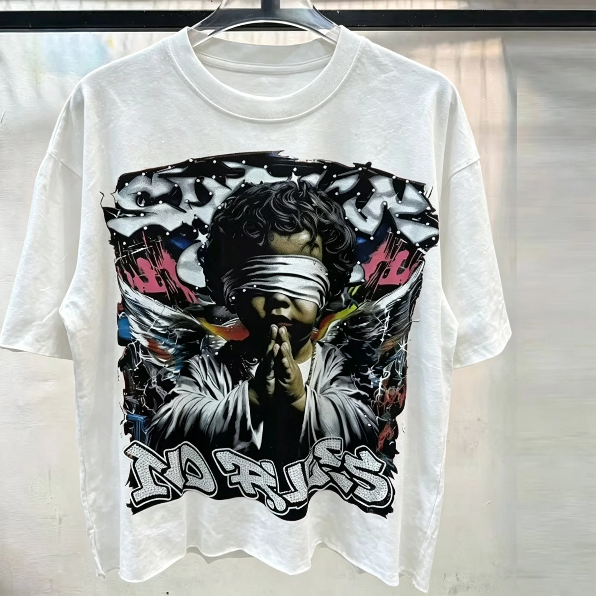 2026 Loose short-sleeved T-shirt, blindfold angel round-neck shirt, soft cotton loose top, men's and women's hip-hop streetwear