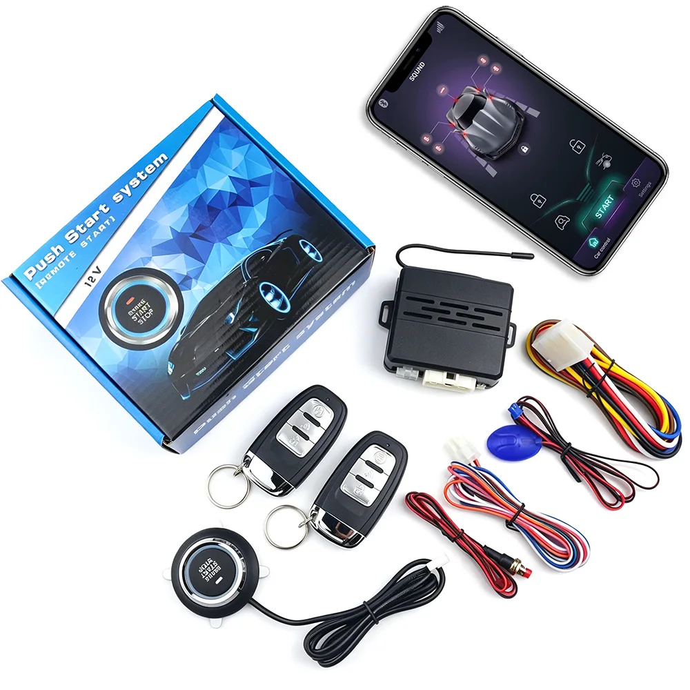 12V Car Alarm Bluetooth APP Control PKE Keyless Entry System One Key Start Stop Auto Lock Negative Trigger 2 Remote Controls