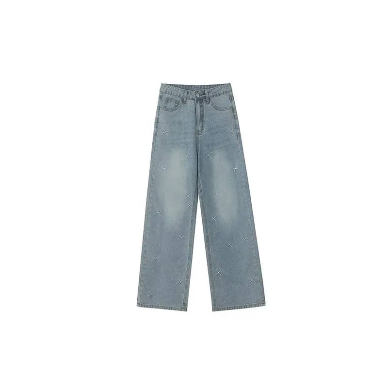 Luz azul bordado denim orts feminino verão fino solto emagrecimento gelo seda perna larga calças compridas cintura alta