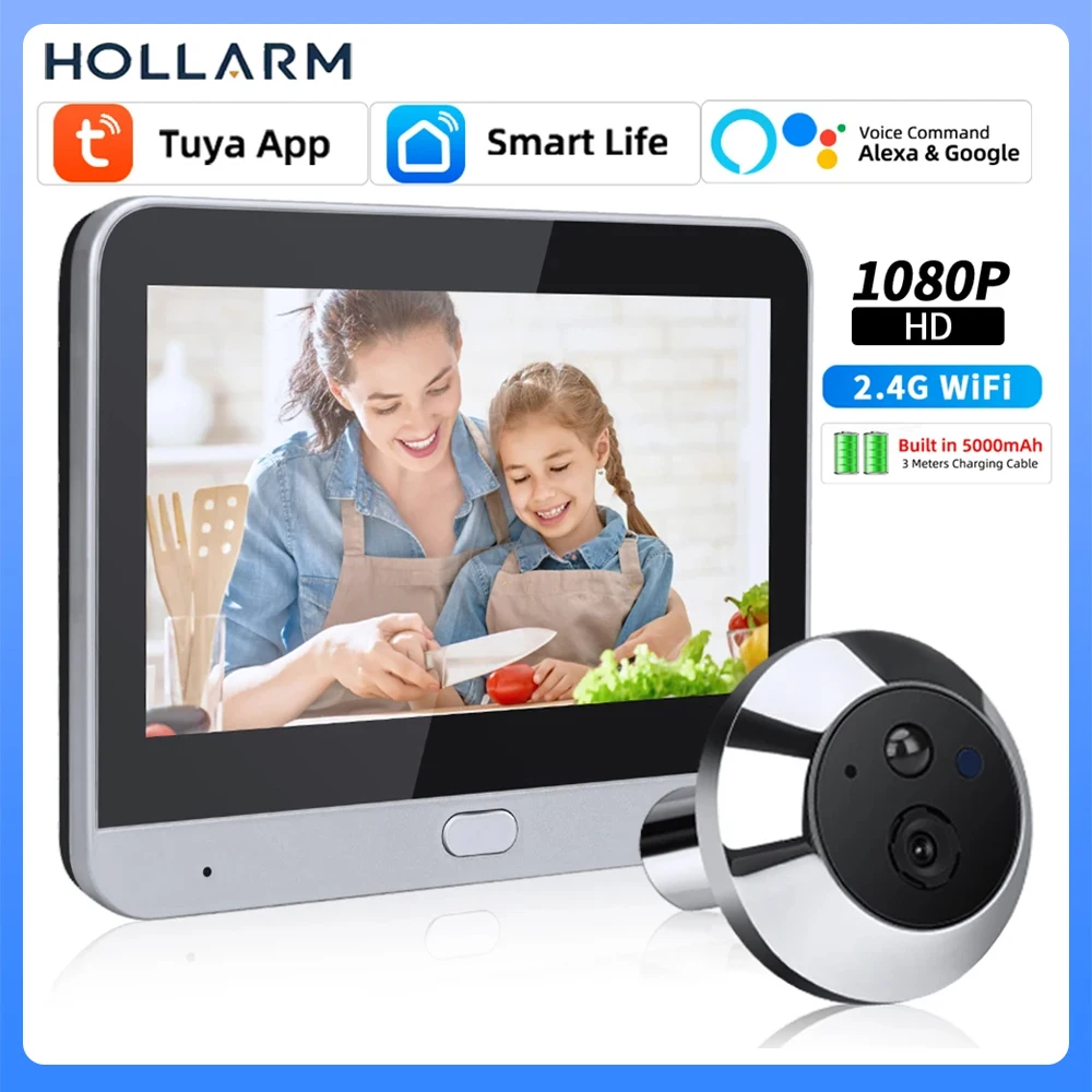 Hollarm-cámara inteligente Tuya 1080P 2,4G WiFi, dispositivo de detección automática, visor Digital, timbre inalámbrico