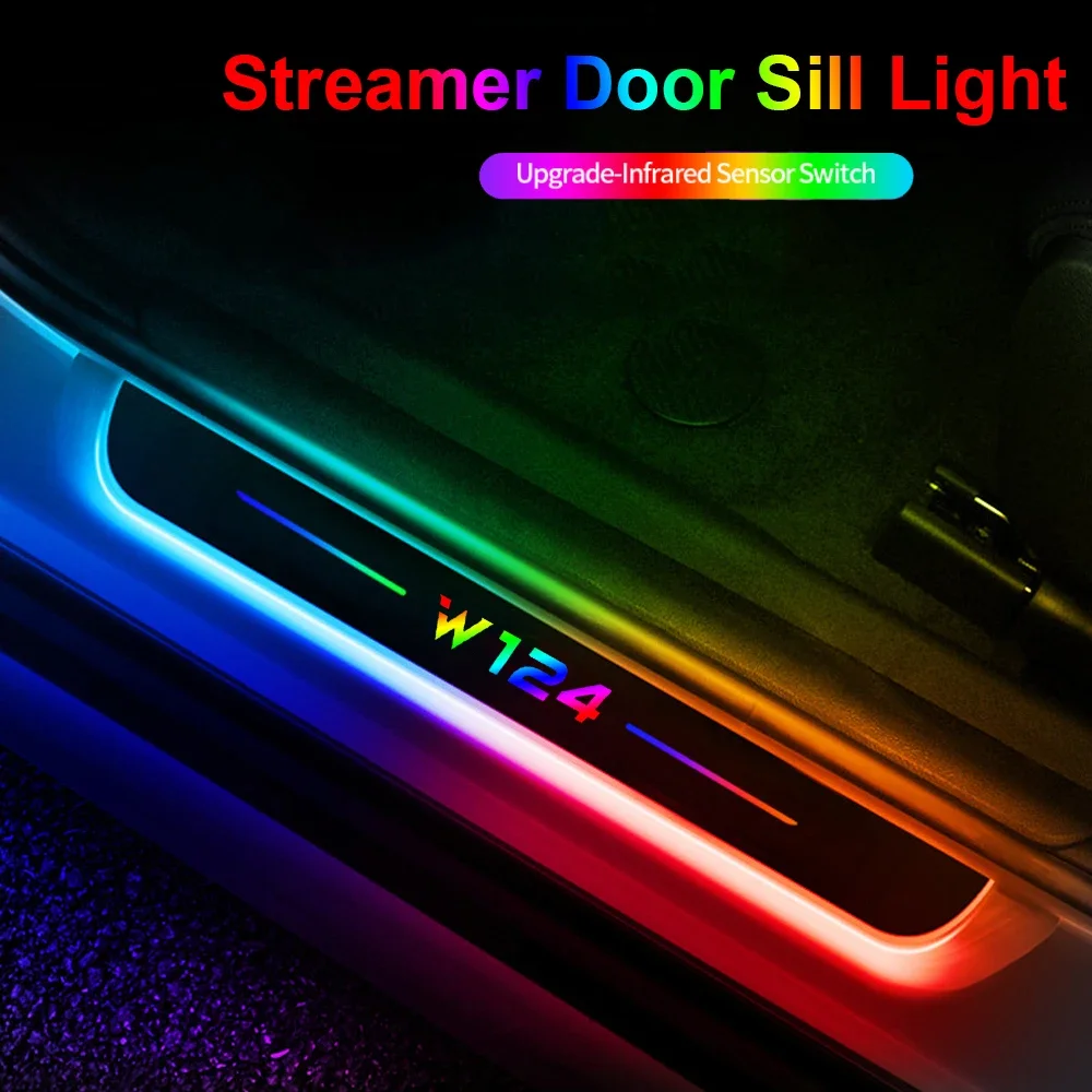 For Mercedes Benz W124 Logo Magnetic LED Car Door Sill Welcome Pedal Light Acrylic USB Charging Colorful Threshold Ambient Light