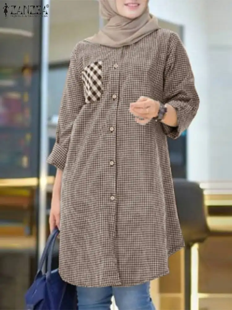 

Autumn Vintage Women Checked Long Shirt ZANZEA Muslim Blouse Long Sleeve Dubai Turkey Abaya Tops Islamic Clothing Plaid Kaftan