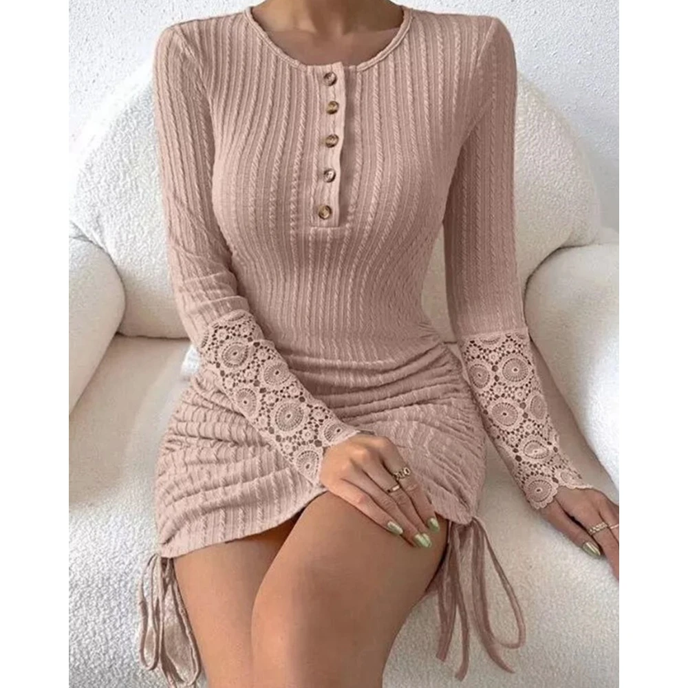 Spring Women Contrast Lace Sleeve Ribbed Drawstring Dress Female Buttoned Design Midi Elegant New in Dresses Korean Style