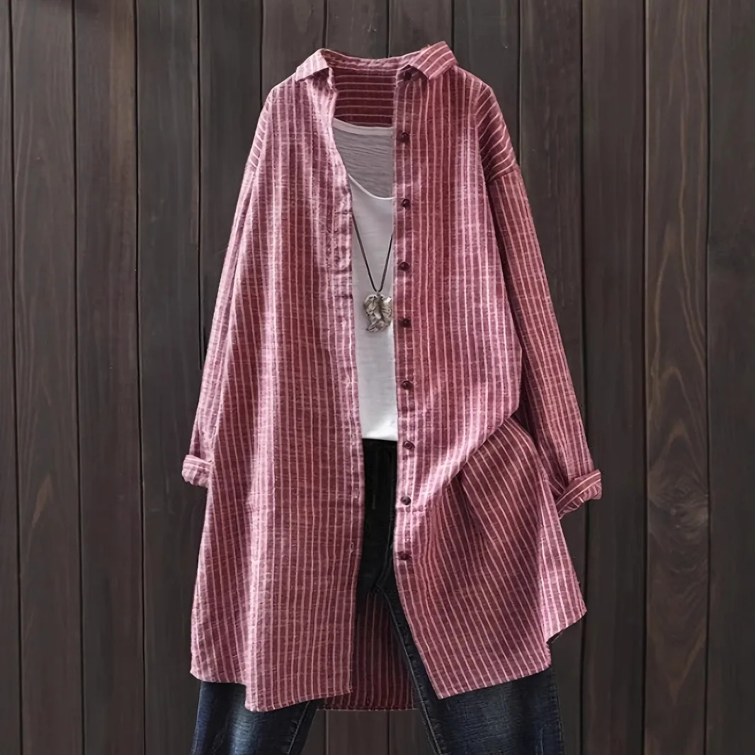 2025 New Women's Cotton and Linen Striped Shirt with Long Sleeves
