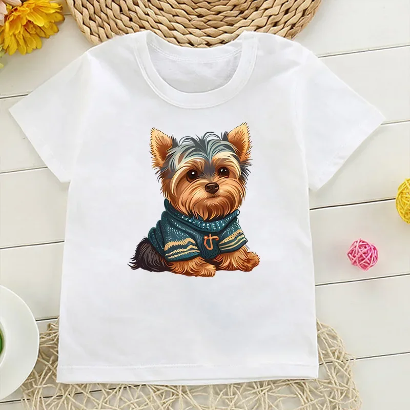 Teddy Pet Dog Family Round Collar Printed White T-shirt Short Sleeve Children Clothes  Boys Clothes