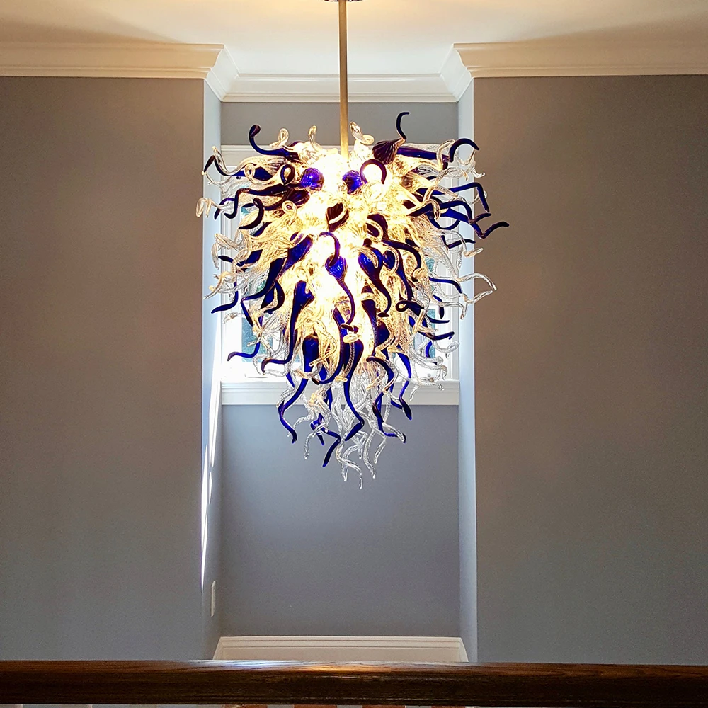 Blown Glass Chandeliers Chihuly Style Cobalt Blue Clear Murano Glass Hanging Lamp Luxury Dining Room Bedroom Light Fixture