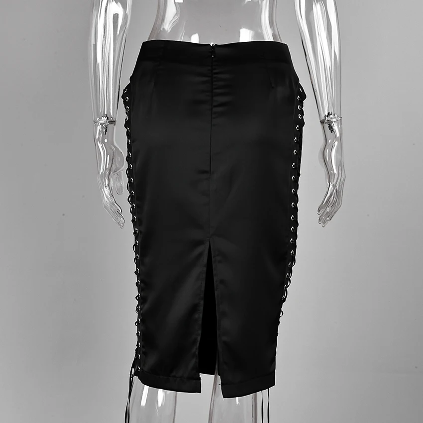 Linad Street Chic Black Satin Drawstring Skirts Woman 2026 Vintage Slim High Waist Straight Skirts Casual Lace Up Skirt Female